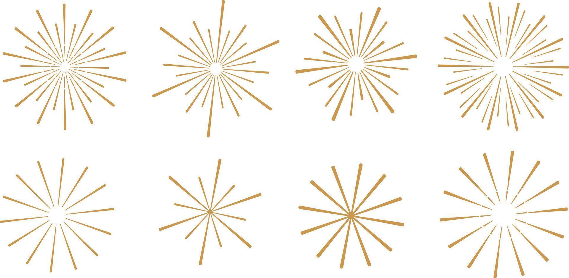 Starburst set, gold line art radial starburst shape set, burst clip art illustration, abstract fireworks, isolated vector