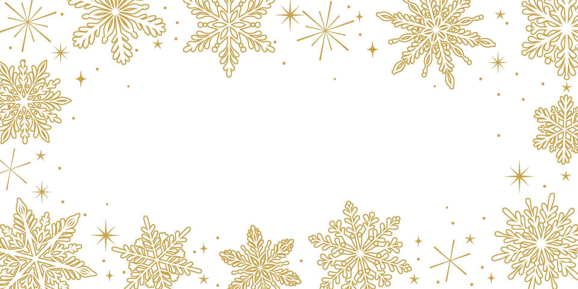 Gold snowflake frame line art winter holiday banner design, greeting template, elegant wallpaper vector