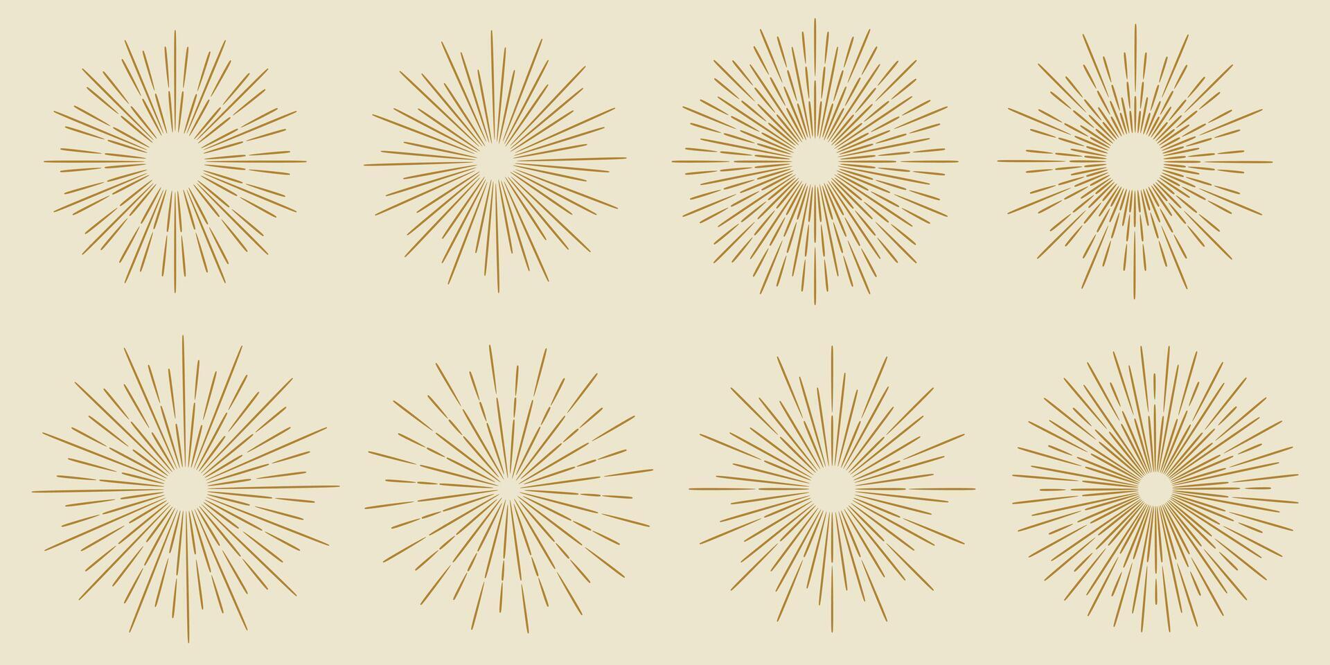 Vintage thin line sunburst illustration, retro burst sun ray label clip art element set vector