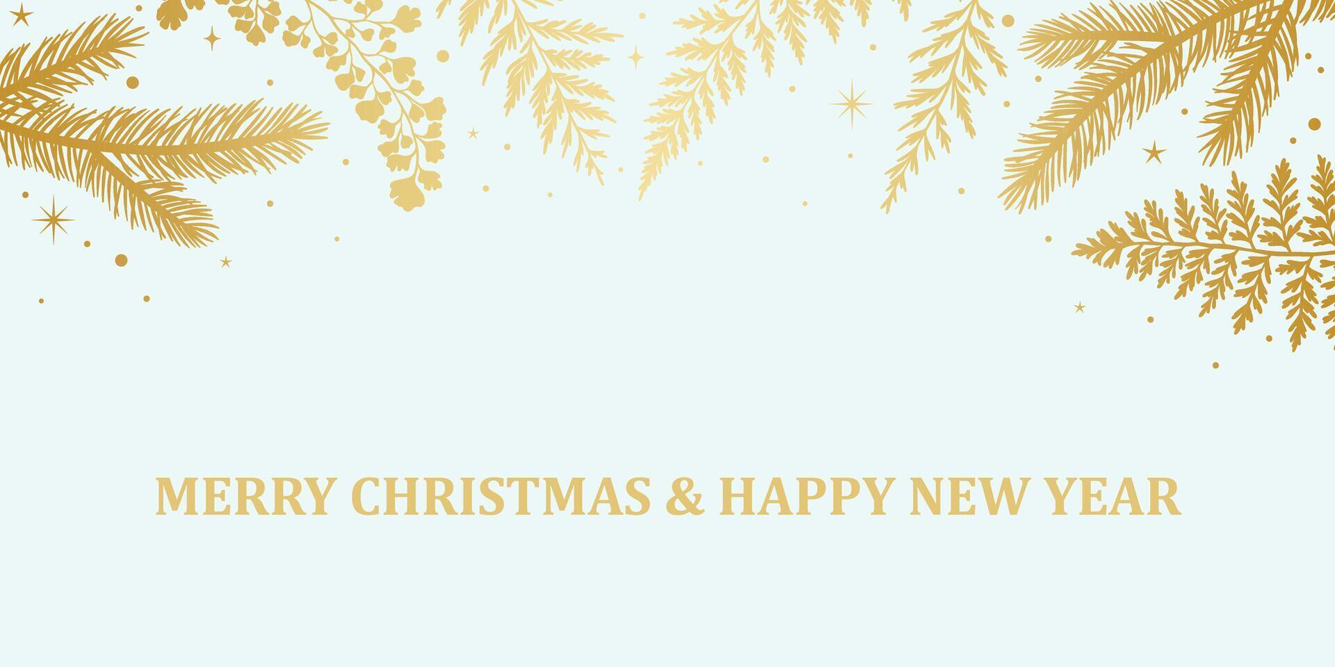 Merry Christmas and happy new year greeting, gold foliage winter holiday card template design vector