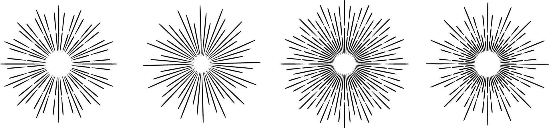 Retro sunburst illustration, linear elegant sun ray, line art burst set vector