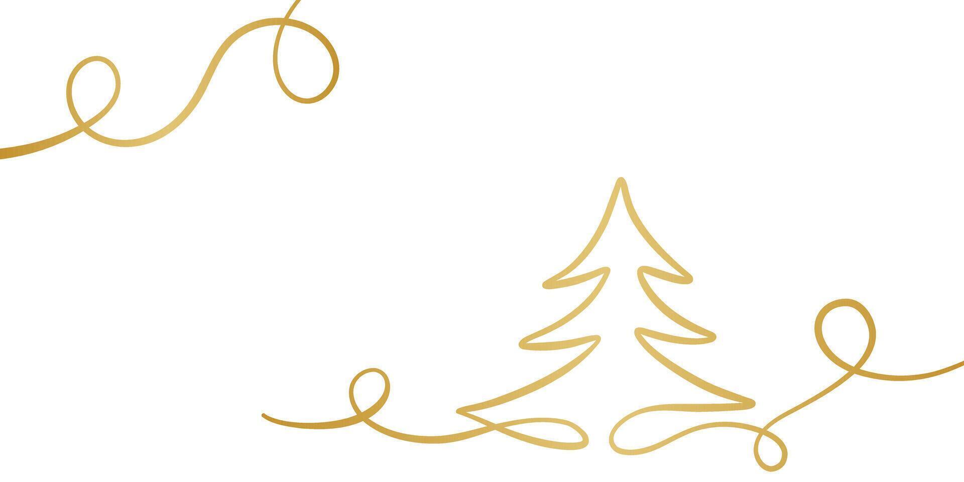 Gold gradient Christmas tree line art swirl, flourish frame design, elegant linear greeting template design vector