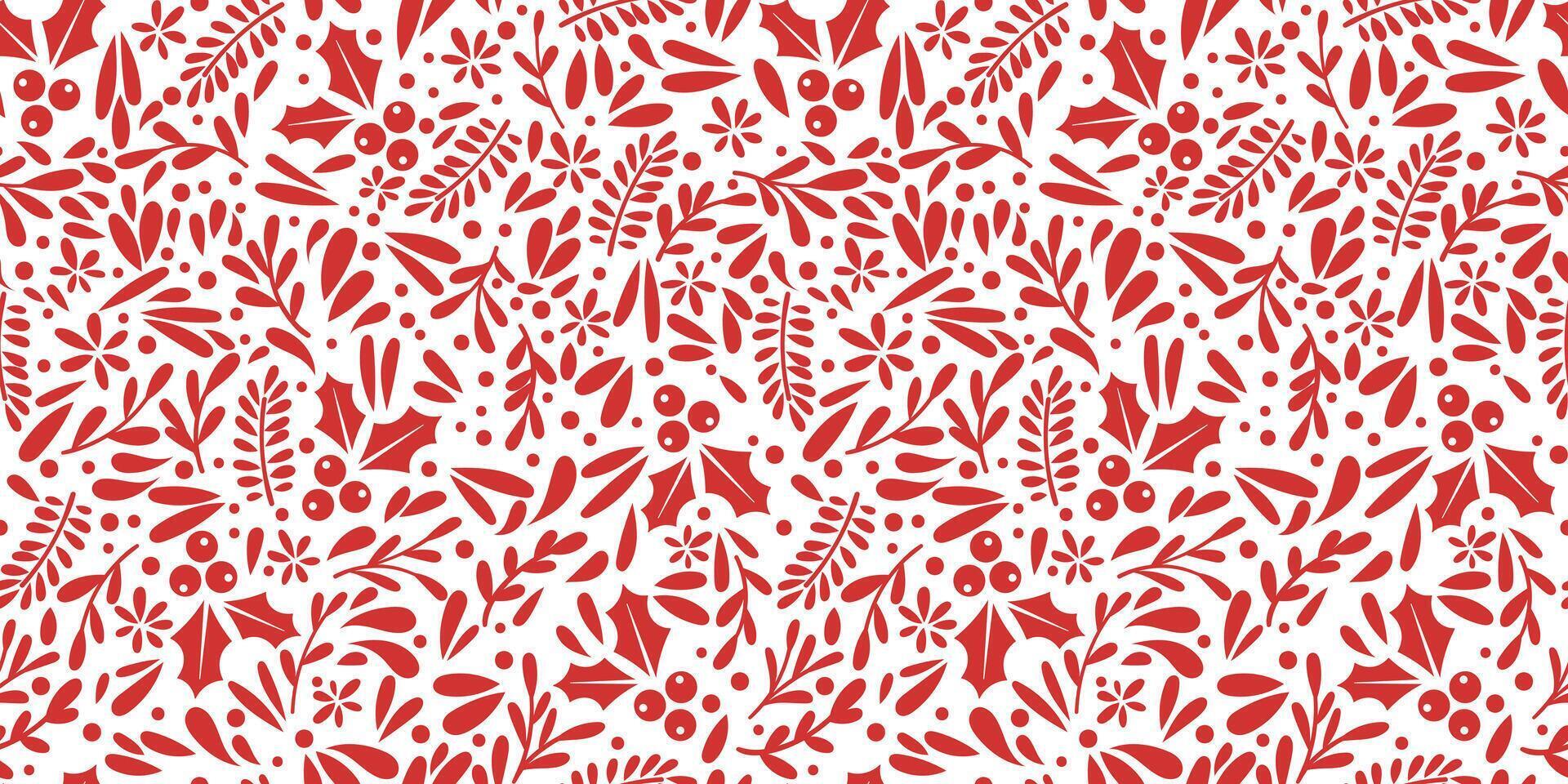 Winter botanical seamless repeat pattern, red and white Christmas print, winter holiday festive wallpaper design vector