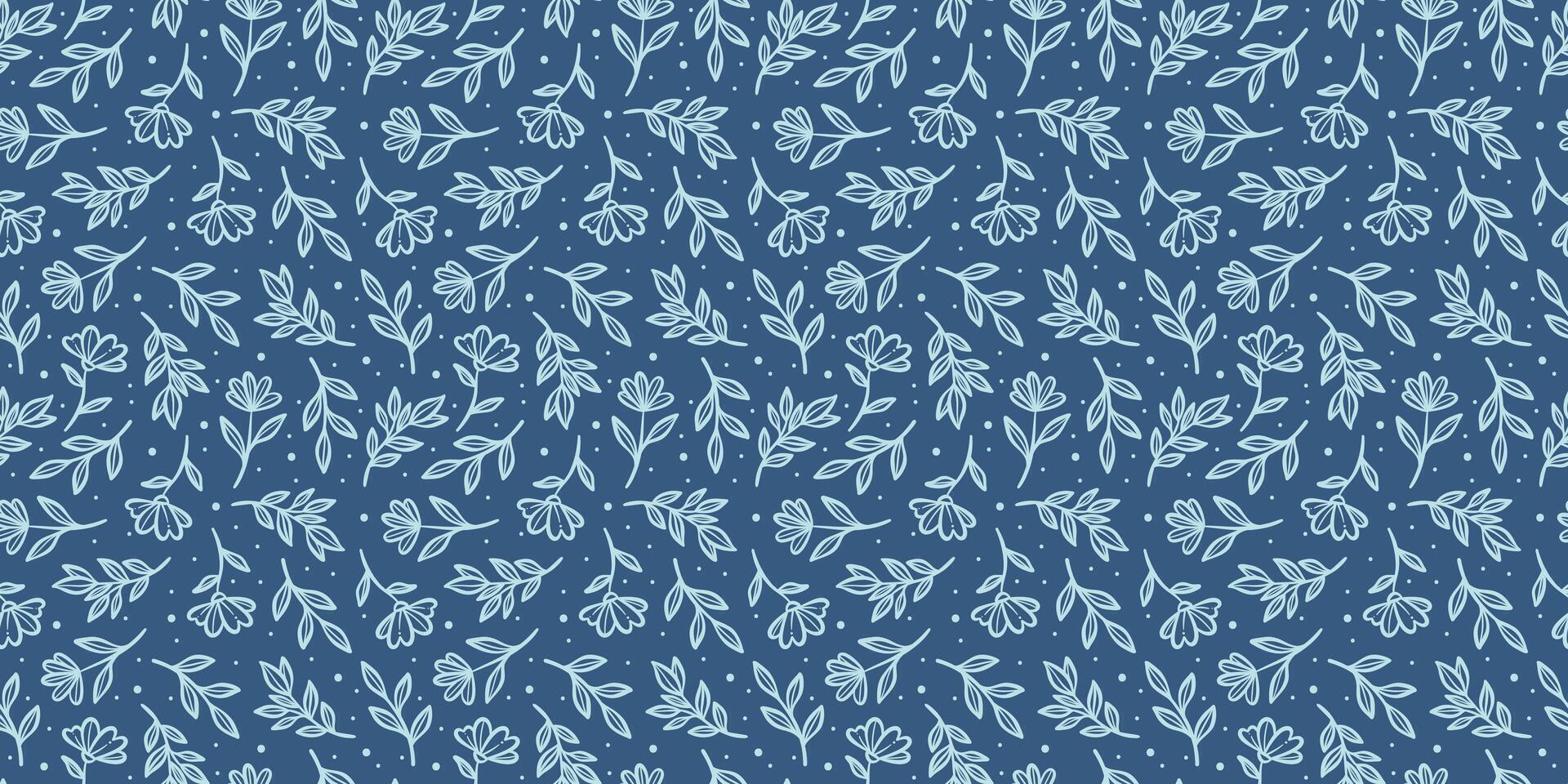 Dark blue ditsy floral print, seamless repeating flower pattern, horizontal background illustration or wallpaper vector