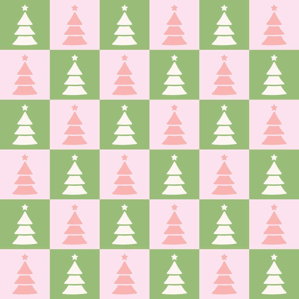 Cute checkered retro pastel Christmas tree repeat pattern, seamless repeating tile design vector
