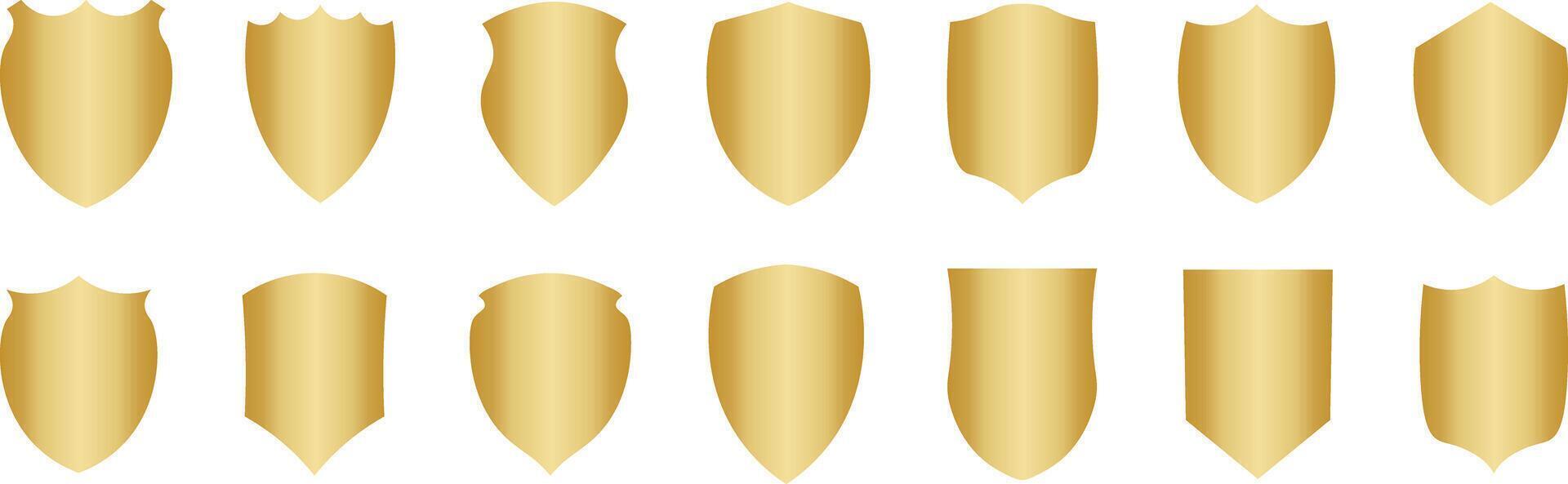Golden gradient metallic shield silhouettes set, isolated vector