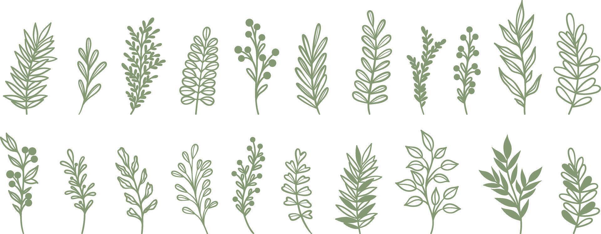 Green cute tiny plant doodles, leaf illustration set, line art leaves, isolated vector