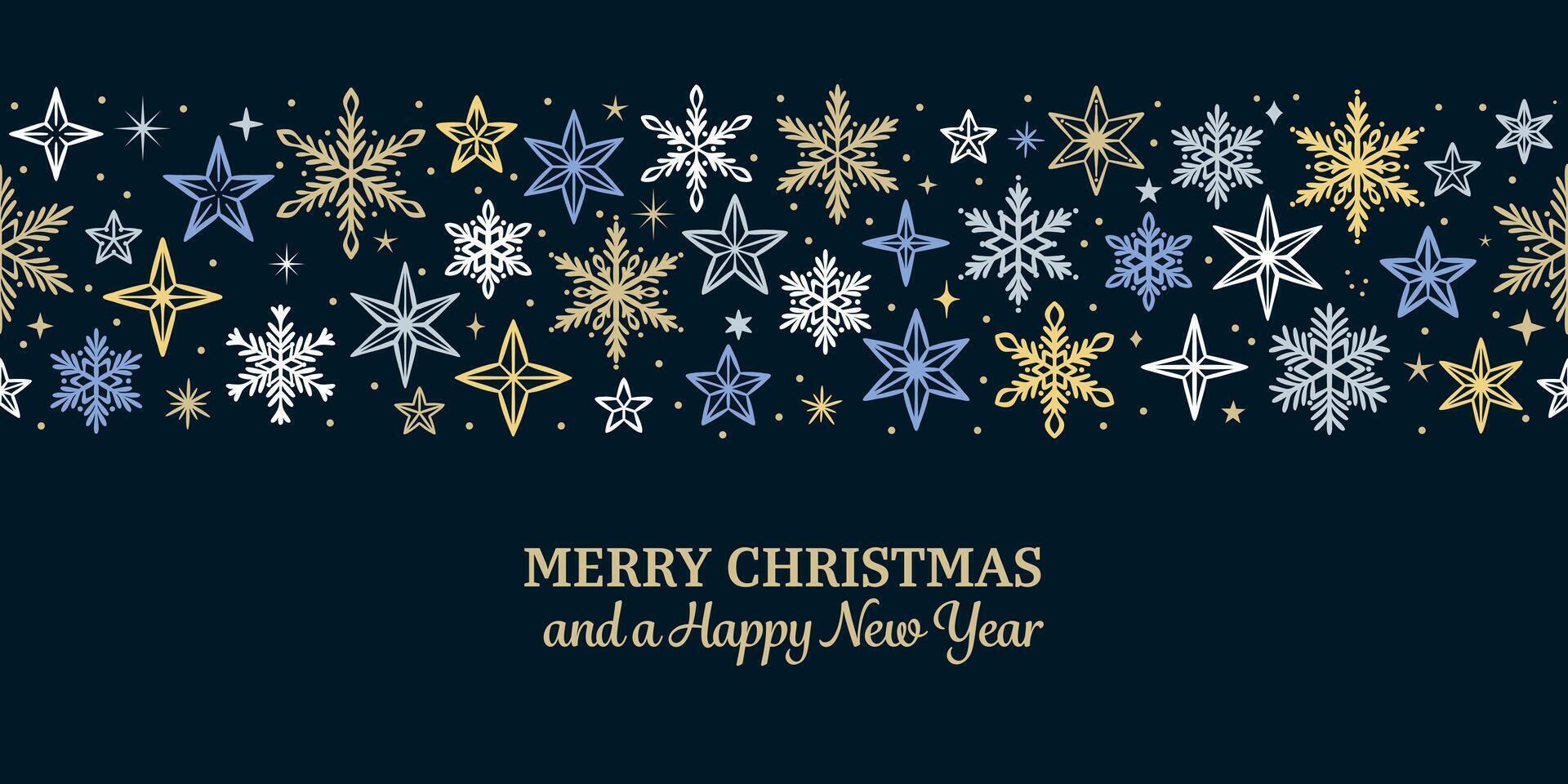 Merry Christmas greeting banner or card with stars and snowflakes, elegant seamless repeating border, holiday template design vector