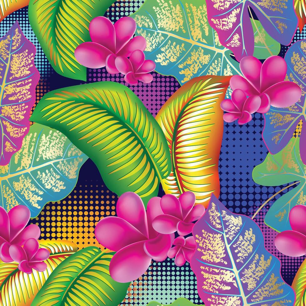 jungle flower,leaves tropic seamless pattern. Palm leaf, monstera, pink plumeria flower,hibiscus blossom, exotic tropical summer flowers and leaves. vector