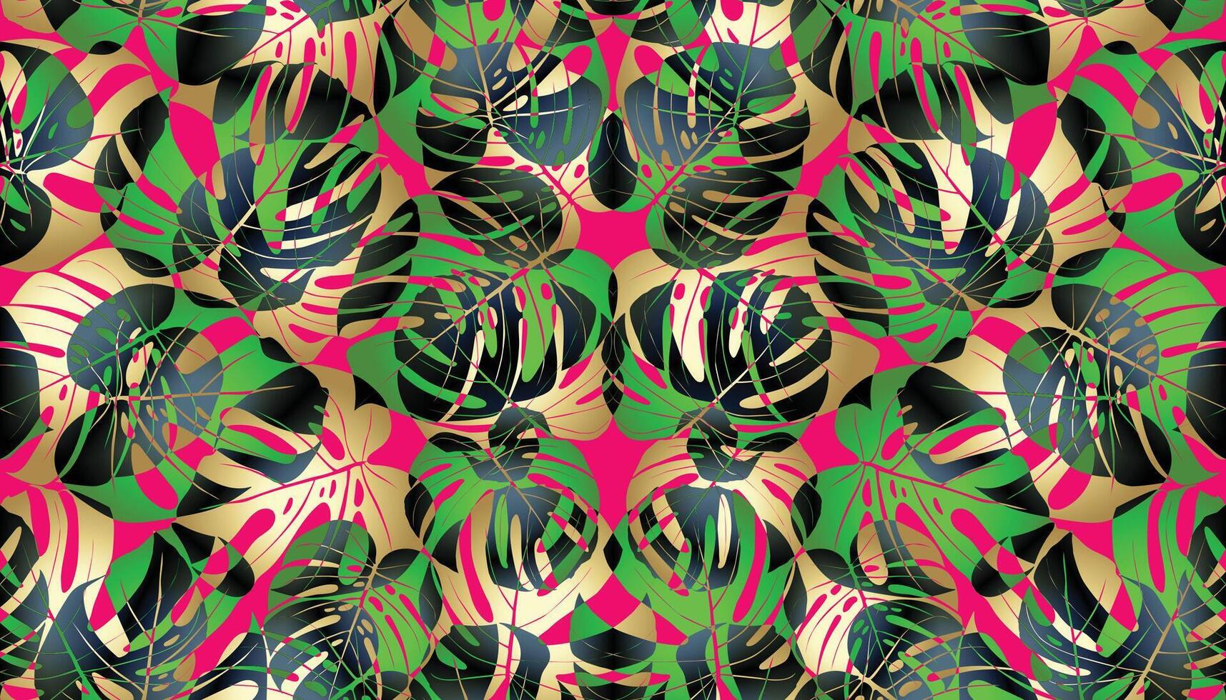 Monstera palm leaves exotic tropical seamless print. Palm leaves, pink plumeria flower,hibiscus blossom, exotic tropical summer flowers and leaves. vector