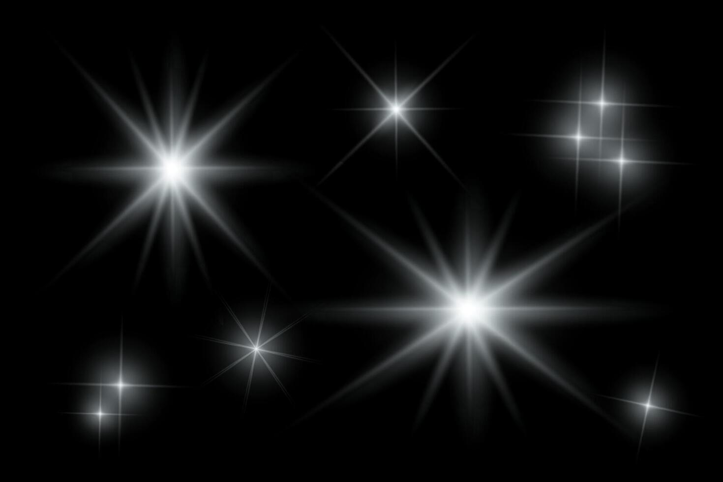 Silver sparkle lights, flashing lights, light effects, sunlight lens flare, glowing ray beams, sparkling starsicon on black background. vector