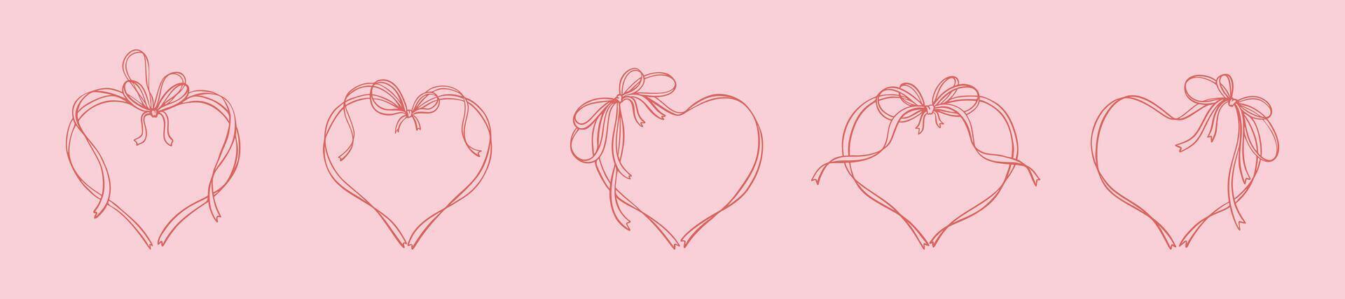 Bow heart ribbon frame drawing. Wedding, save the date vintage design element. Cute line coquette romantic illustration. French patisserie style. Filigree victorian background vector