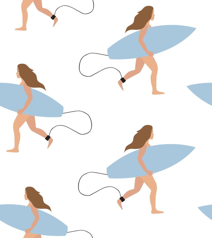 Seamless pattern of woman running with surf vector