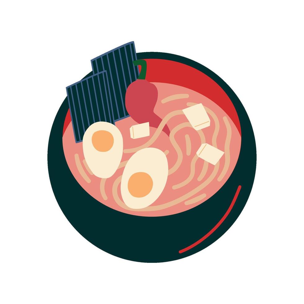 Bowl of ramen noodles with pepper and egg. Asian cuisine. vector