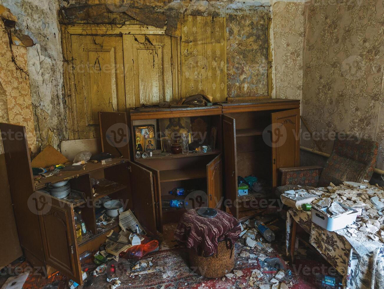 Old rotten abandoned house interior photo