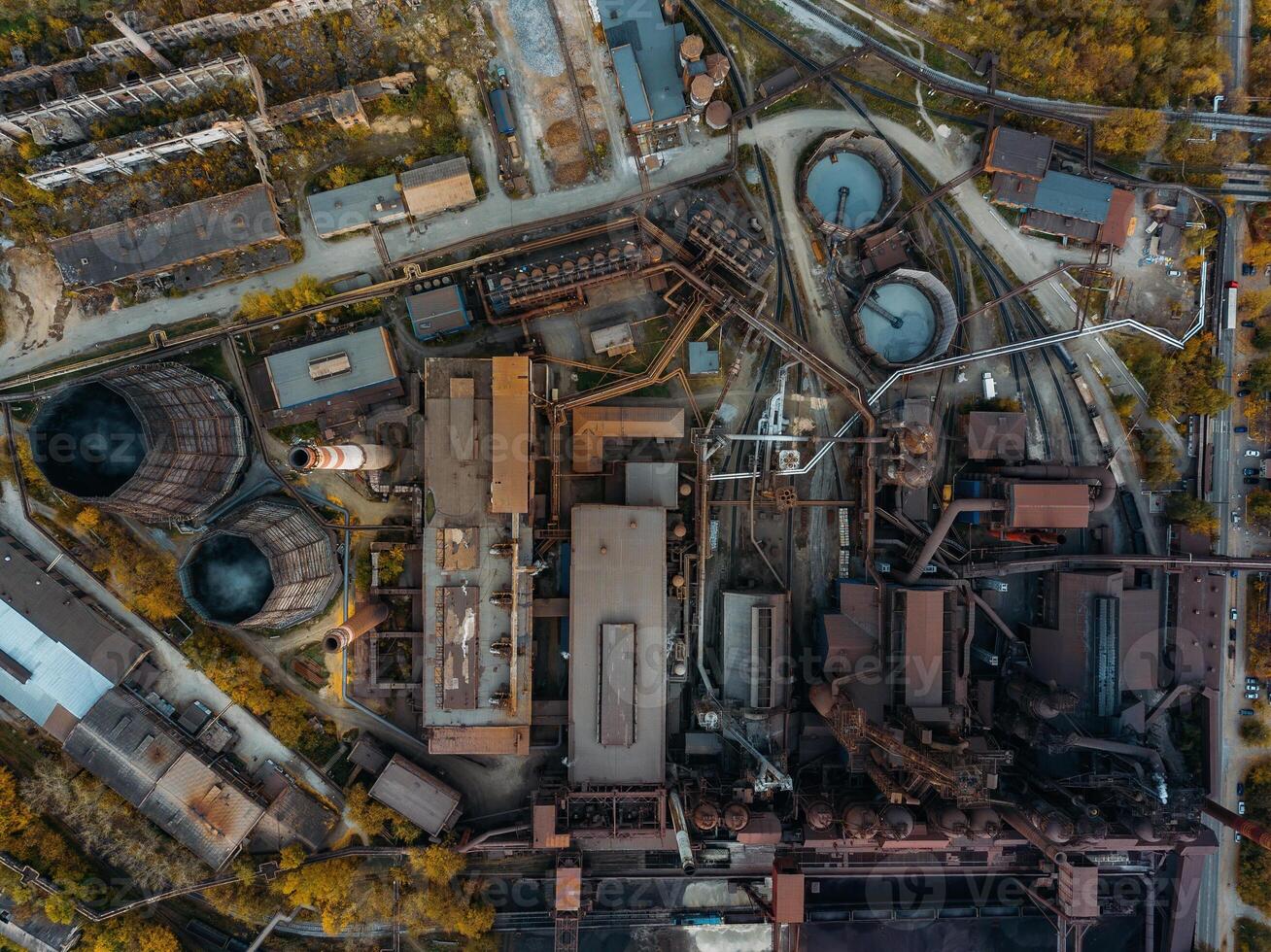 Metallurgical plant, drone top view, directly above photo