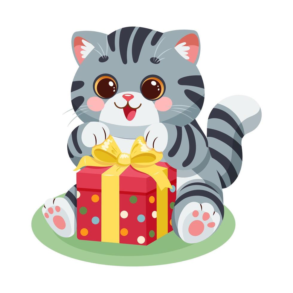 Cute cartoon gray cat excitedly unwrapping a colorful gift. Playful illustration vector