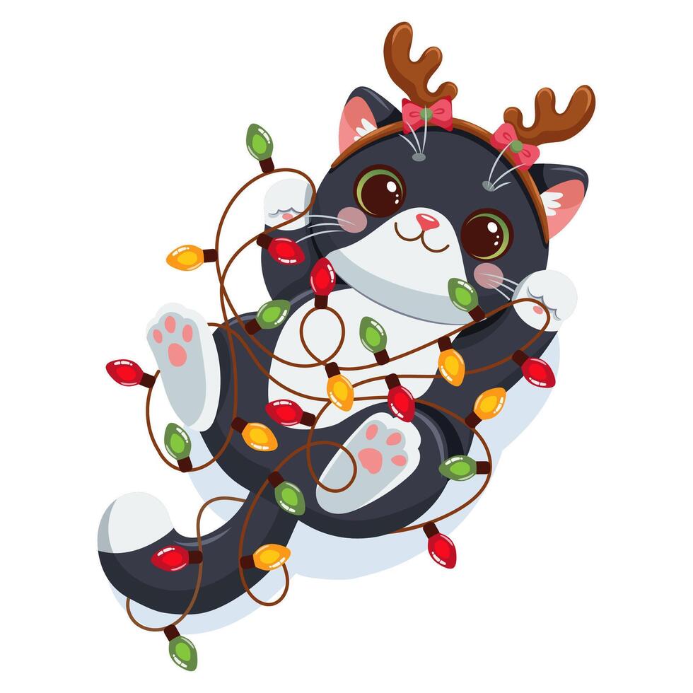 illustration of a playful black and white cartoon cat tangled in colorful Christmas lights vector