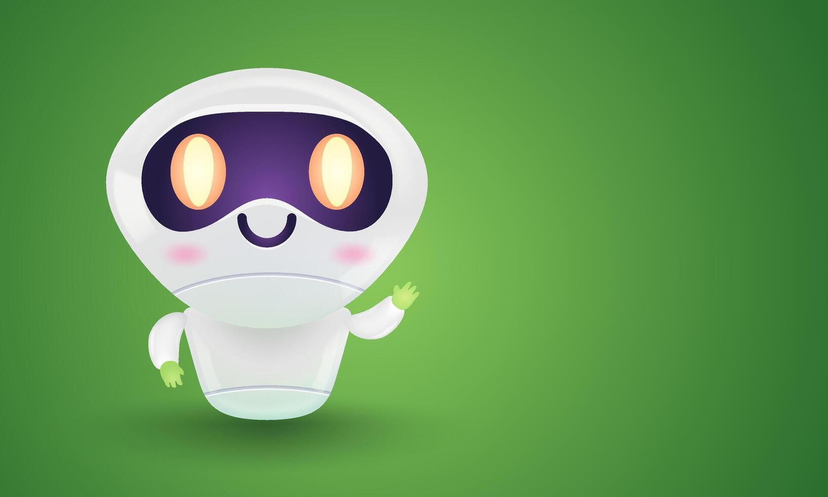 Illustration of a cute robot is in green background. Icon for chatbot with message in realistic style. vector