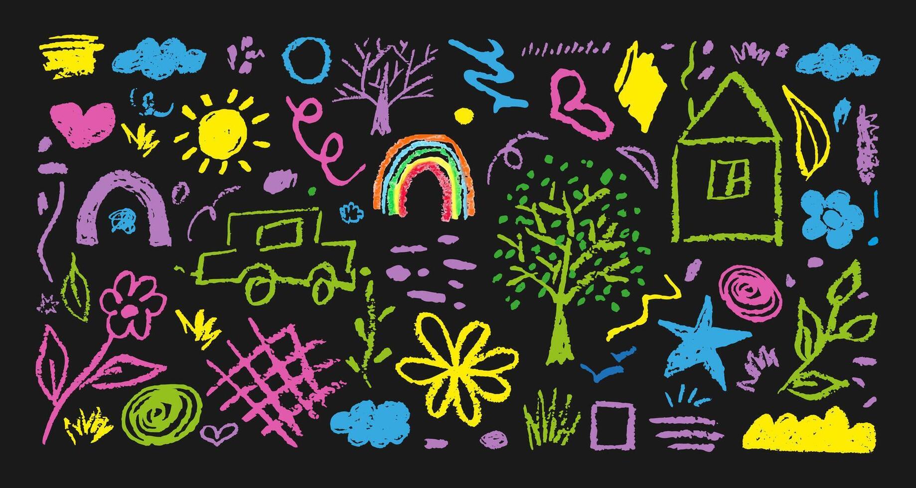 Doodle Kids Flowers, Cloud, Squiggles, Heart, Tree, Sun, Rainbow Hand Drawn With Charcoal Pencil Different Colors. Children's Drawings With Chalk, Strokes, House, Plants, Grass on Black Background vector