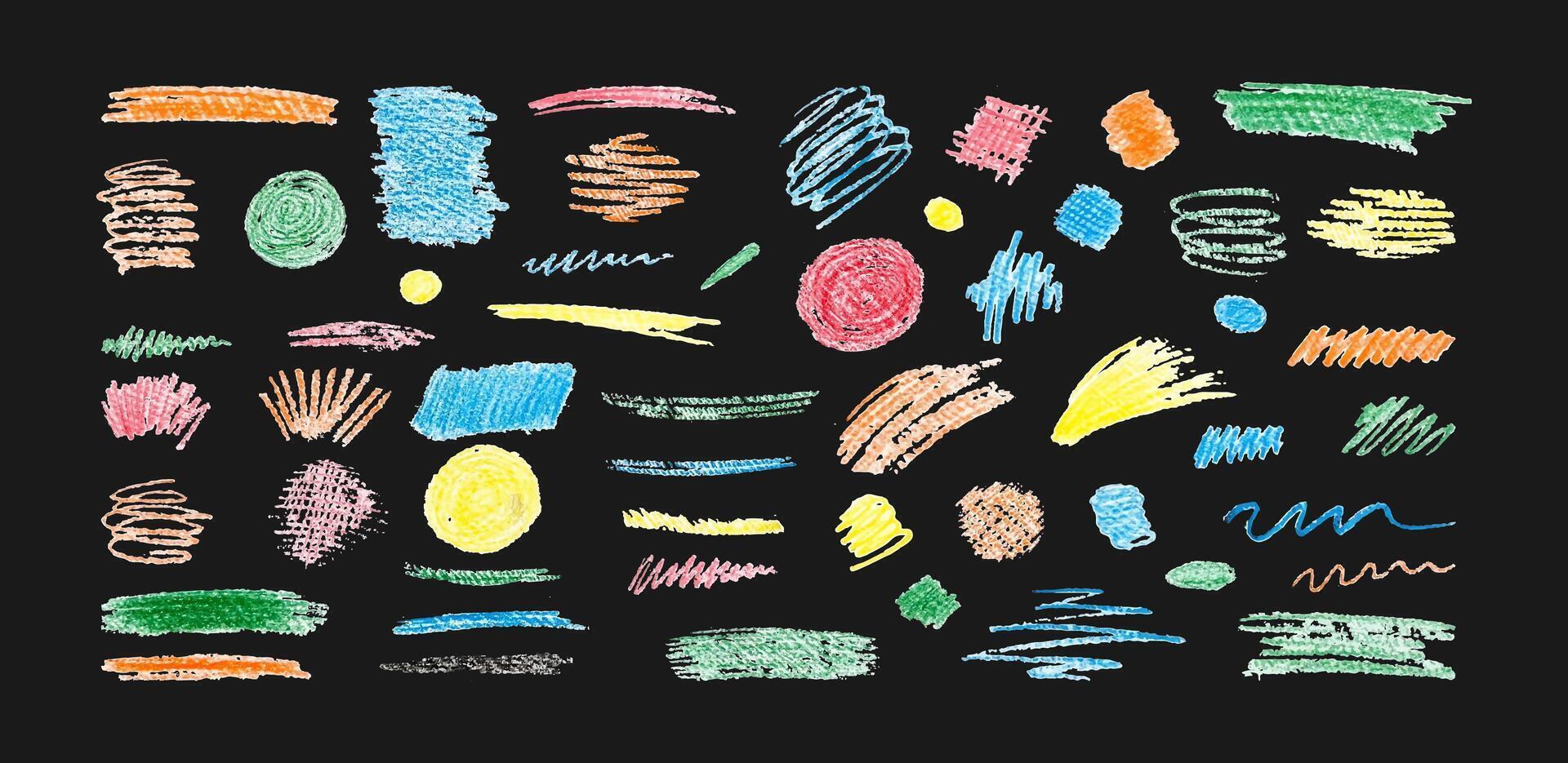 Collection colorful charcoal brush strokes, wavy lines shapes.Hand drawn abstract shapes lines drawn with pencil bright colored charcoal.Circles, scribbles and strokes on Black Background. vector