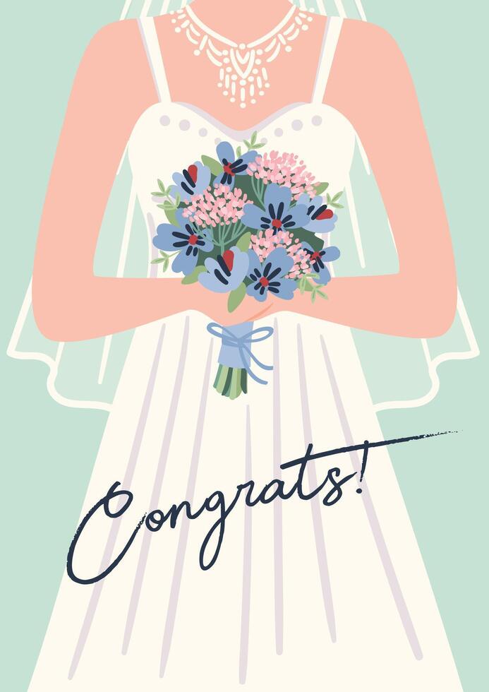 Illustration of cute bride with bouquet of flowers. card for wedding concept and other uses vector