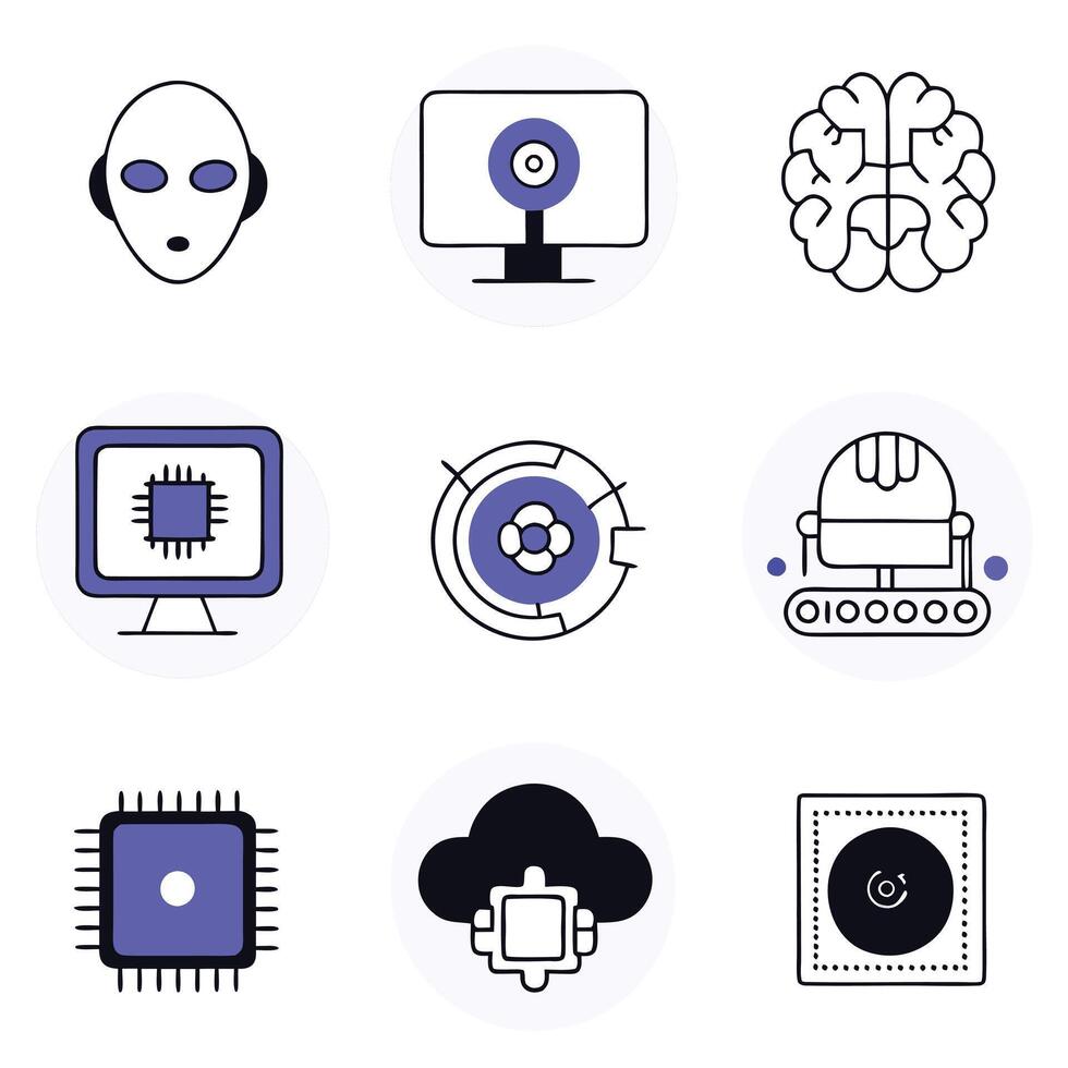 A set of icons that include a computer, a brain, and a computer vector