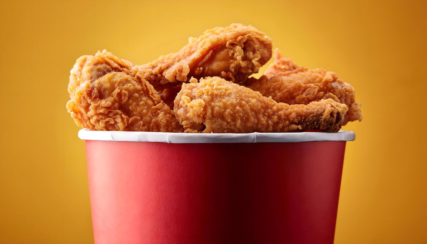 Fried drumstick Chicken Pieces in red Paper Bucket, Isolated on yellow Colour Background. Concept of Junk Food. photo
