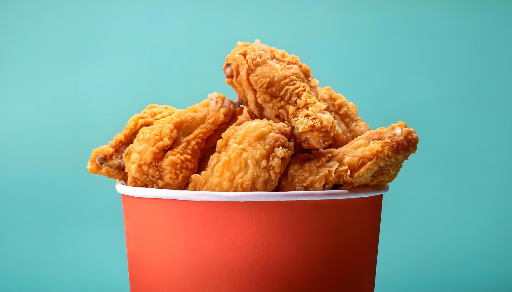 Fried Chicken wings Pieces in red Paper Bucket, Isolated on blue Colour Background. Concept of Junk Food. photo