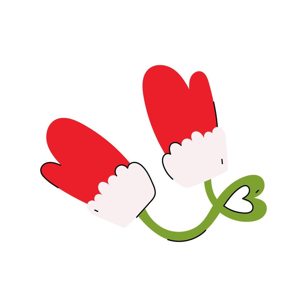 Hand-drawn Mitten. Mittens with a heart thread. Christmas illusrtation on a white background vector