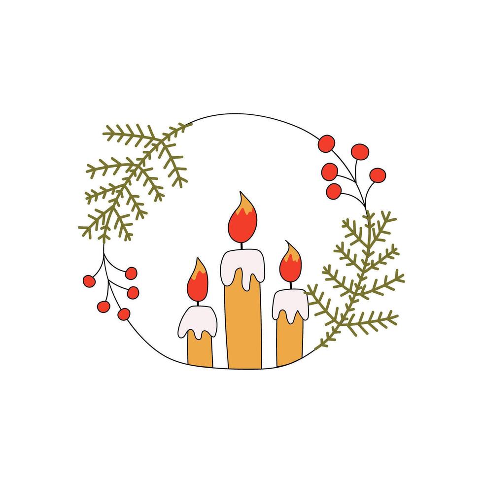 Christmas Wreath. Christmas wreath with candles, spruce and flowers. hand Drawn illustration on a white background vector