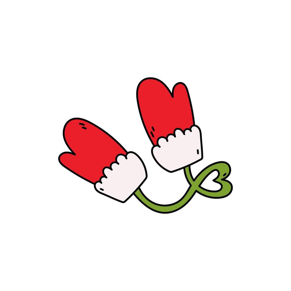 Doodle Mitten. Hand Drawn mittens with a heart thread. Christmas illusrtation on a white background vector