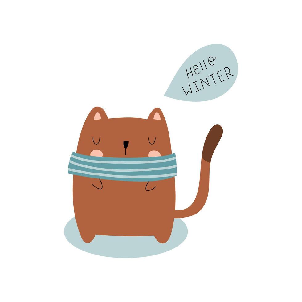 Hello Winter. Cute cat in a striped scarf in winter. A small brown kitten hides its nose in a scarf. hand Drawn illustration on a white background vector