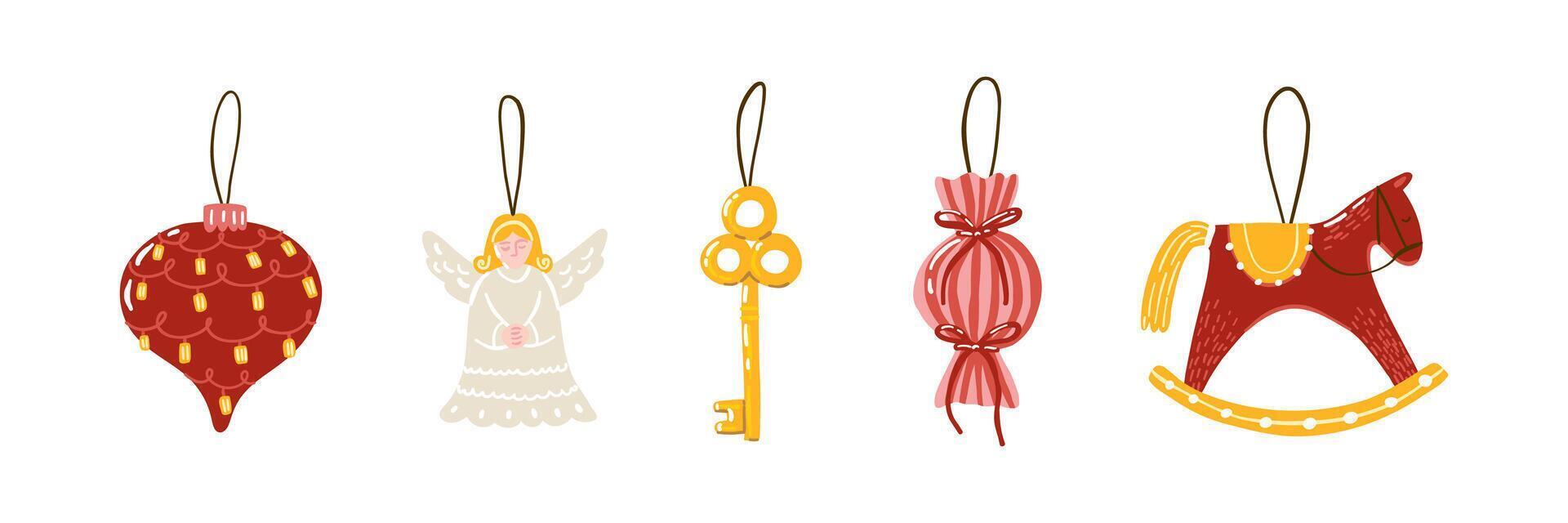 A set of Christmas tree decorations in a flat style. Hand drawn illustration. vector