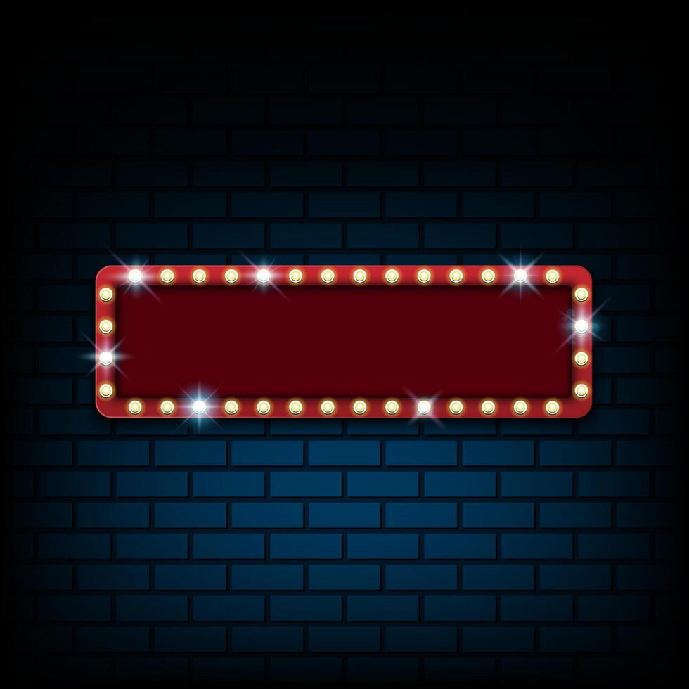 Red blank frame with light bulb on dark blue brick wall background, cinema or casino billboard, illustration vector