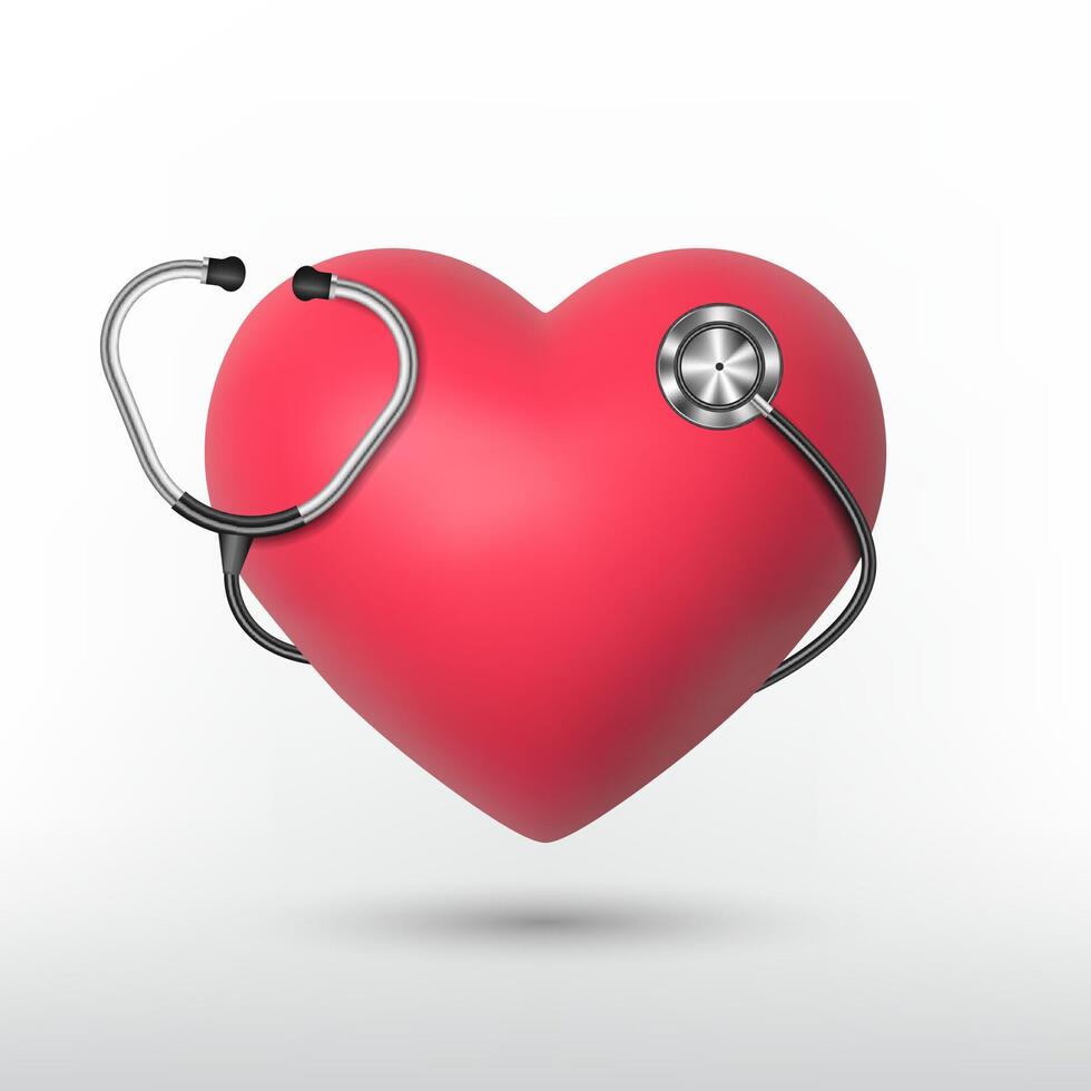 3d heart with stethoscope on white background, illustration vector