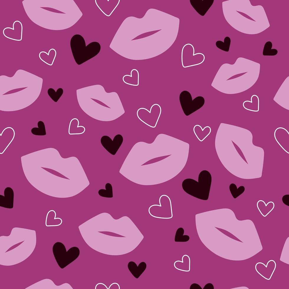 Seamless pattern with hearts and kiss. vector