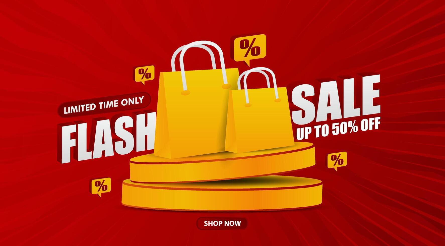flash sale banner with shopping bags and discount on red background vector