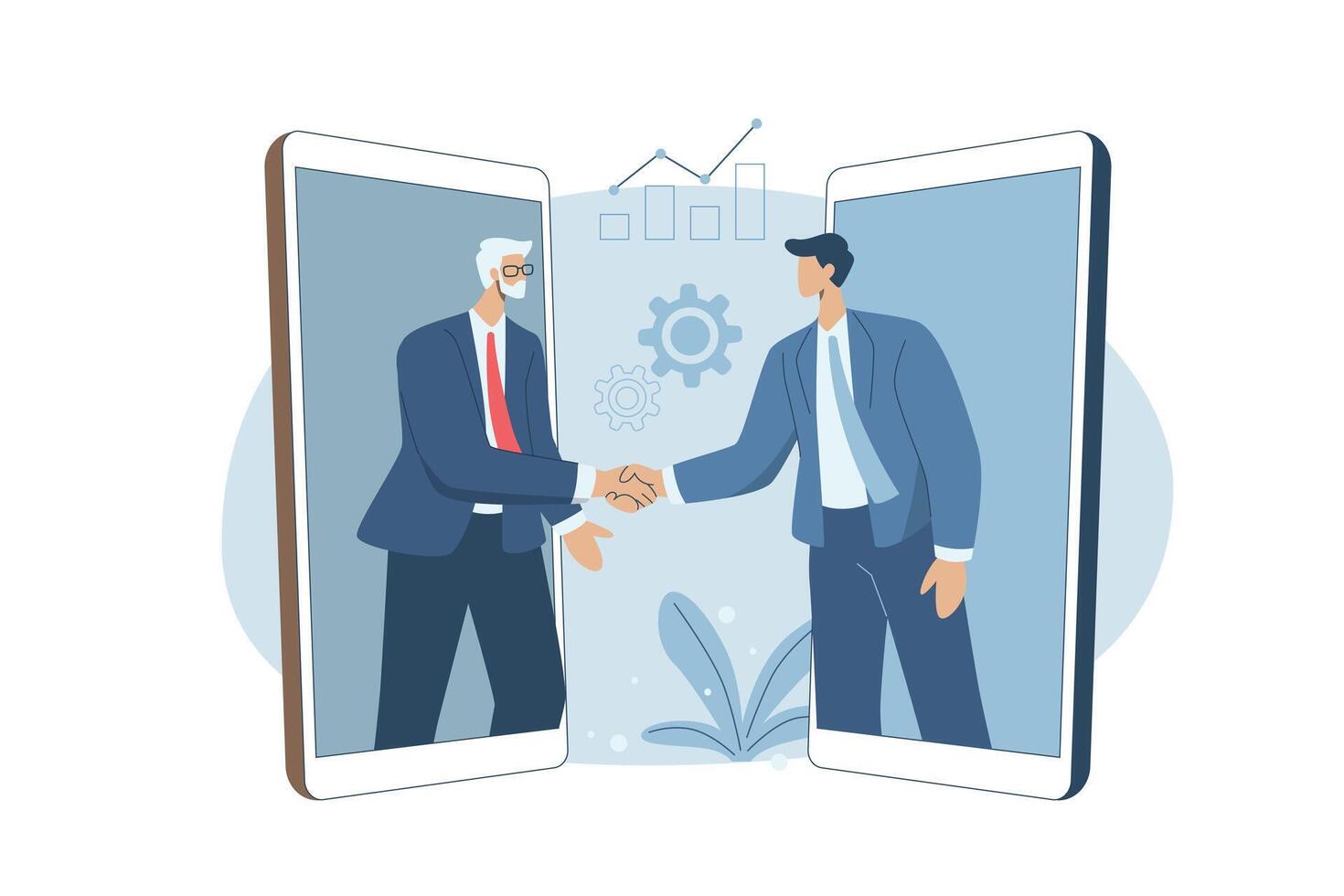 Virtual communication, conference communication, Businessmen handshake online, Remote work deals concept, Business discussion, Long distance conversation. design illustration. vector
