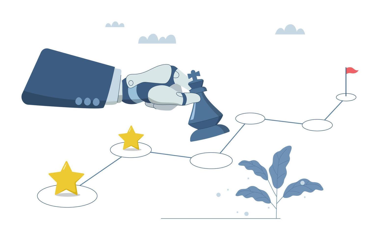 Timeline of ideas on how to overcome problems, Strategic planning process, Using AI to plan project progress steps, The robot hand holds the chess and plans the operation. vector