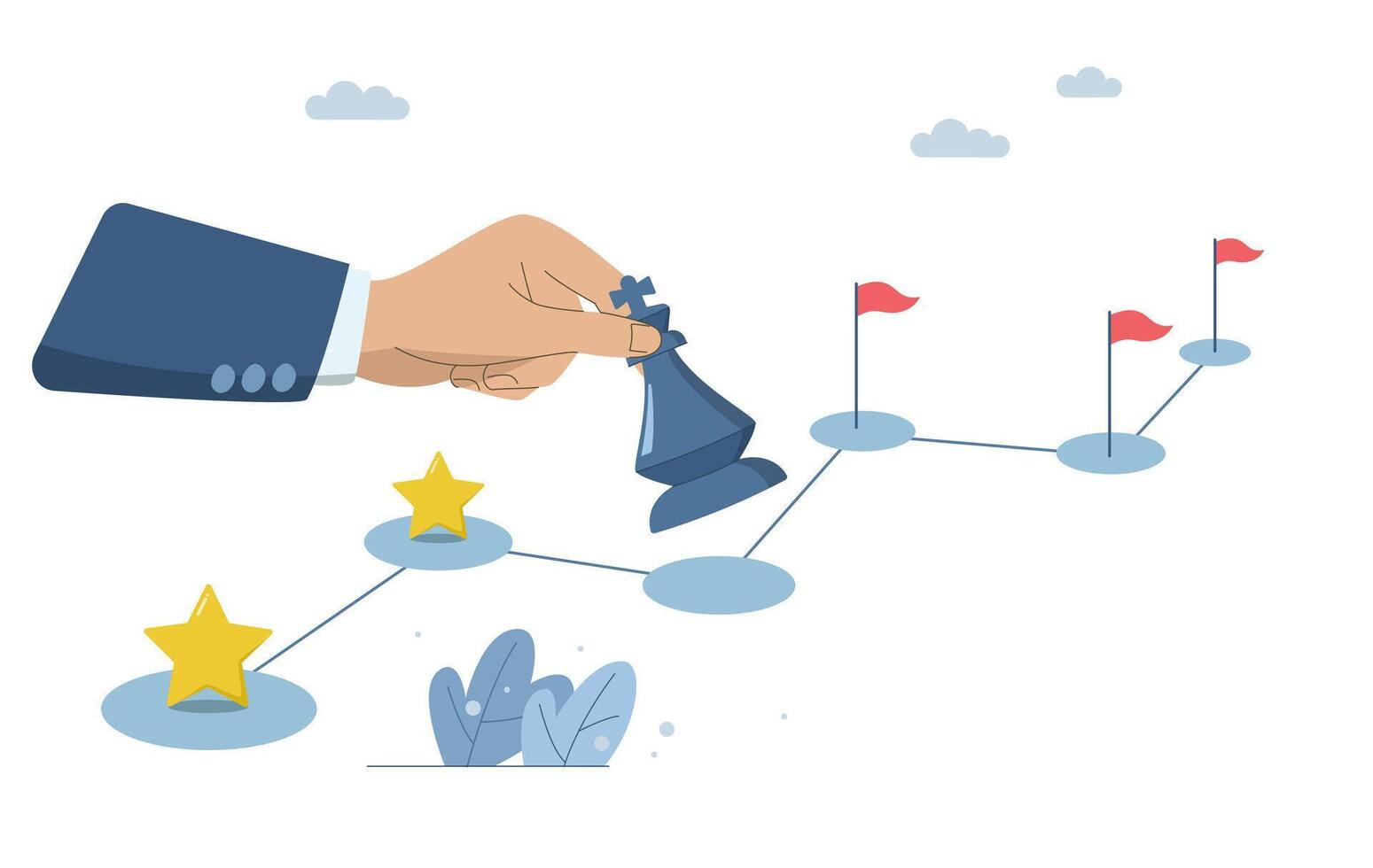 Timeline of ideas on how to overcome problems, Strategic planning process, Planning the steps of the project progress, Timeline of the process to success, Big hands hold chess and plan the work. vector