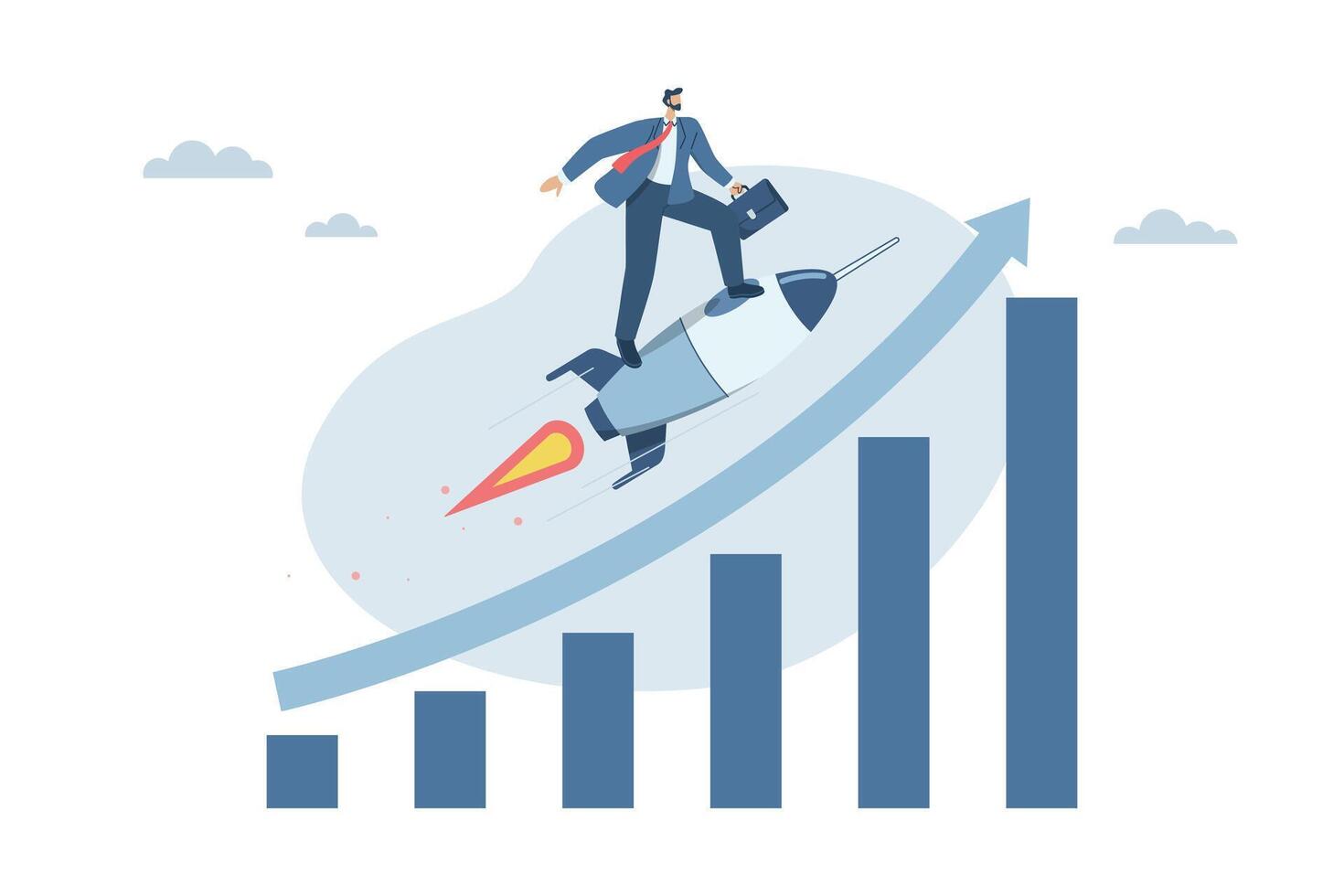 Successful business ideas, Growth or business progress achieves goals beyond expectations, Investments that exceed expectations, Businessman riding a rocket up with a high growing bar graph. vector