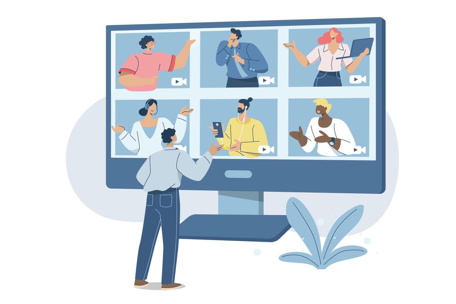 Business meetings, Group conversations using calls, Remote teamwork using online , Friends are talking via conference, Live communication, Remote working with technology. vector