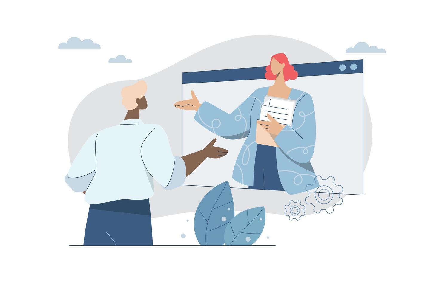 Virtual communication, conference communication, Distance studying and remote working concept, Telephone conversation, Business discussion, Long distance conversation. illustration. vector