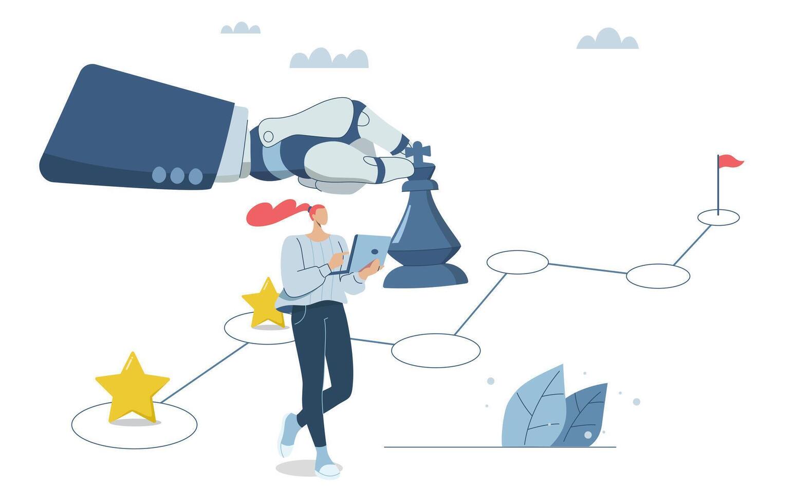 Female employees work together with artificial intelligence, AI, Timeline of ideas on how to overcome problems, Strategic planning process, Using robots to plan steps in the progress of a project. vector