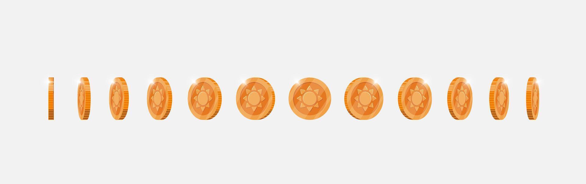 Rotating bronze coin animation for gaming apps. Metal token featuring ancient sun motif moves at changing angles. Symbol of success spinning fluidly. Flat 3D design for digital interfaces vector