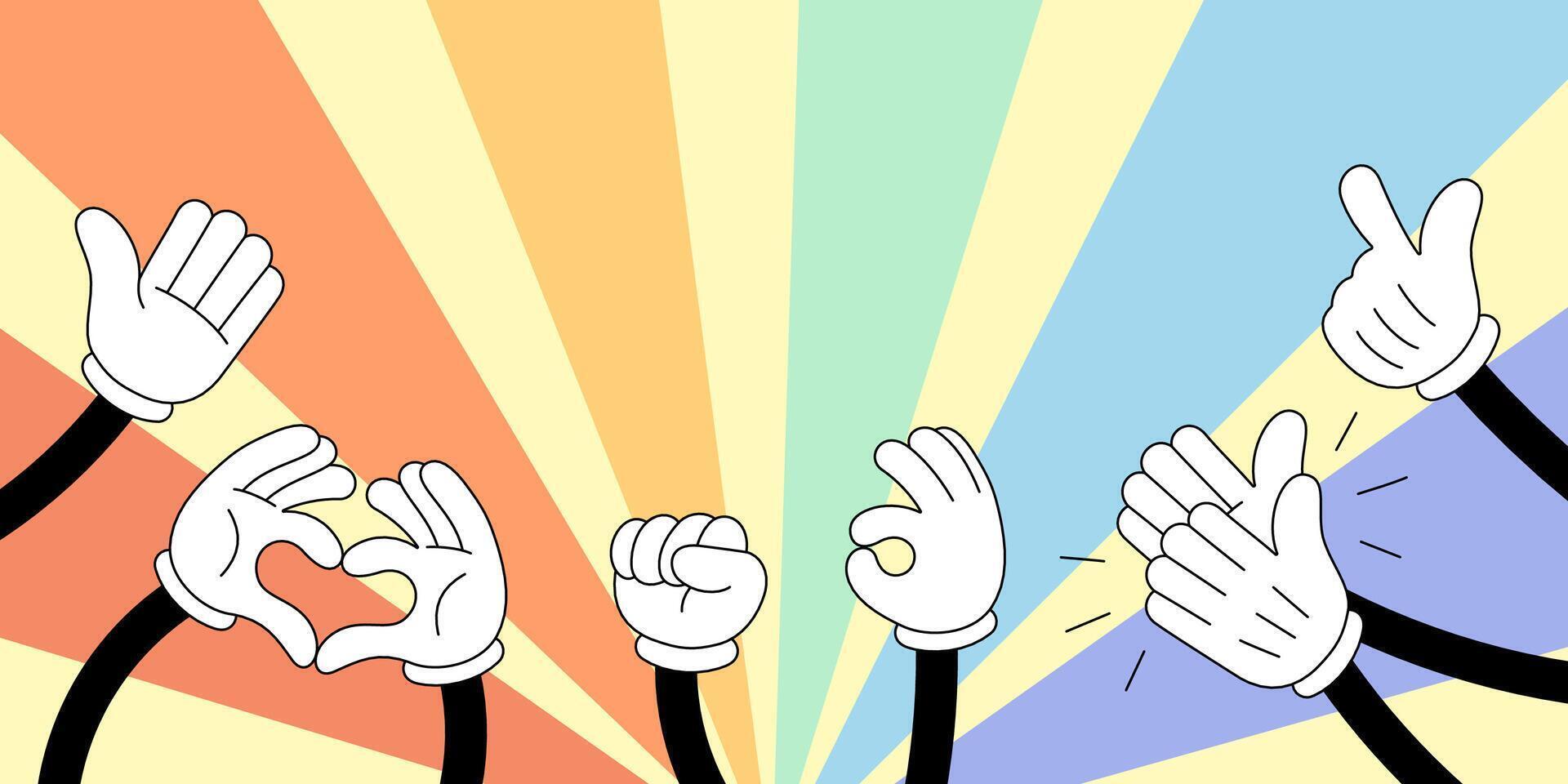 Clapping hands in vibrant groovy doodle style. Hands giving thumbs up and applauding, symbolizing appreciation and success. Cheerful hand drawn celebrating achievement and positivity vector