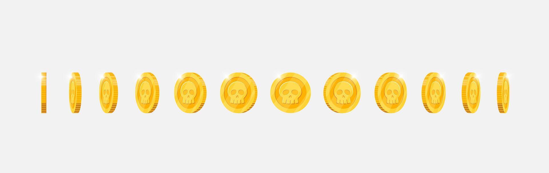 Gold coin spinning in varied directions for game animation. Metallic currency with skull design rotates dynamically. Achievement icon in motion. Flat 3D style asset for gaming visuals vector