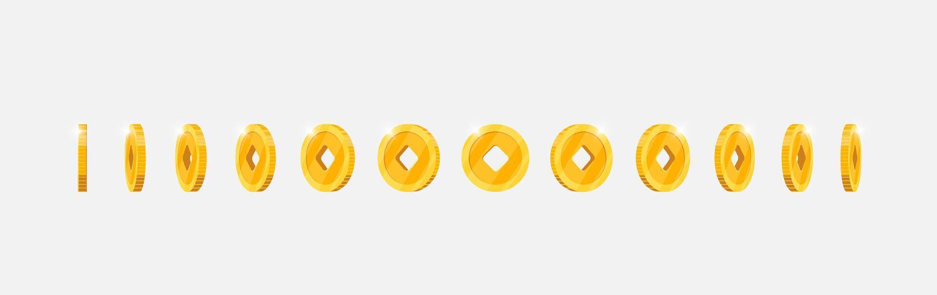 Spinning gold currency with Chinese lucky symbol with square hole for games. Metallic token rotates fluidly at different perspectives. Flat 3D achievement marker in dynamic motion vector