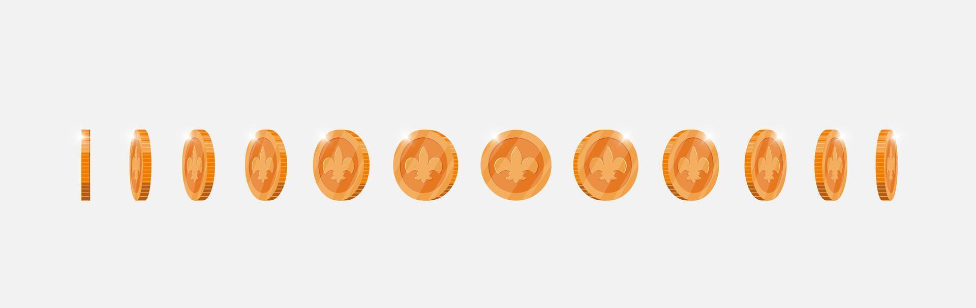 Bronze coin spinning in varied directions for game animation. Metallic currency with regal design rotates dynamically. Achievement icon in motion. Flat 3D style asset for gaming visuals vector